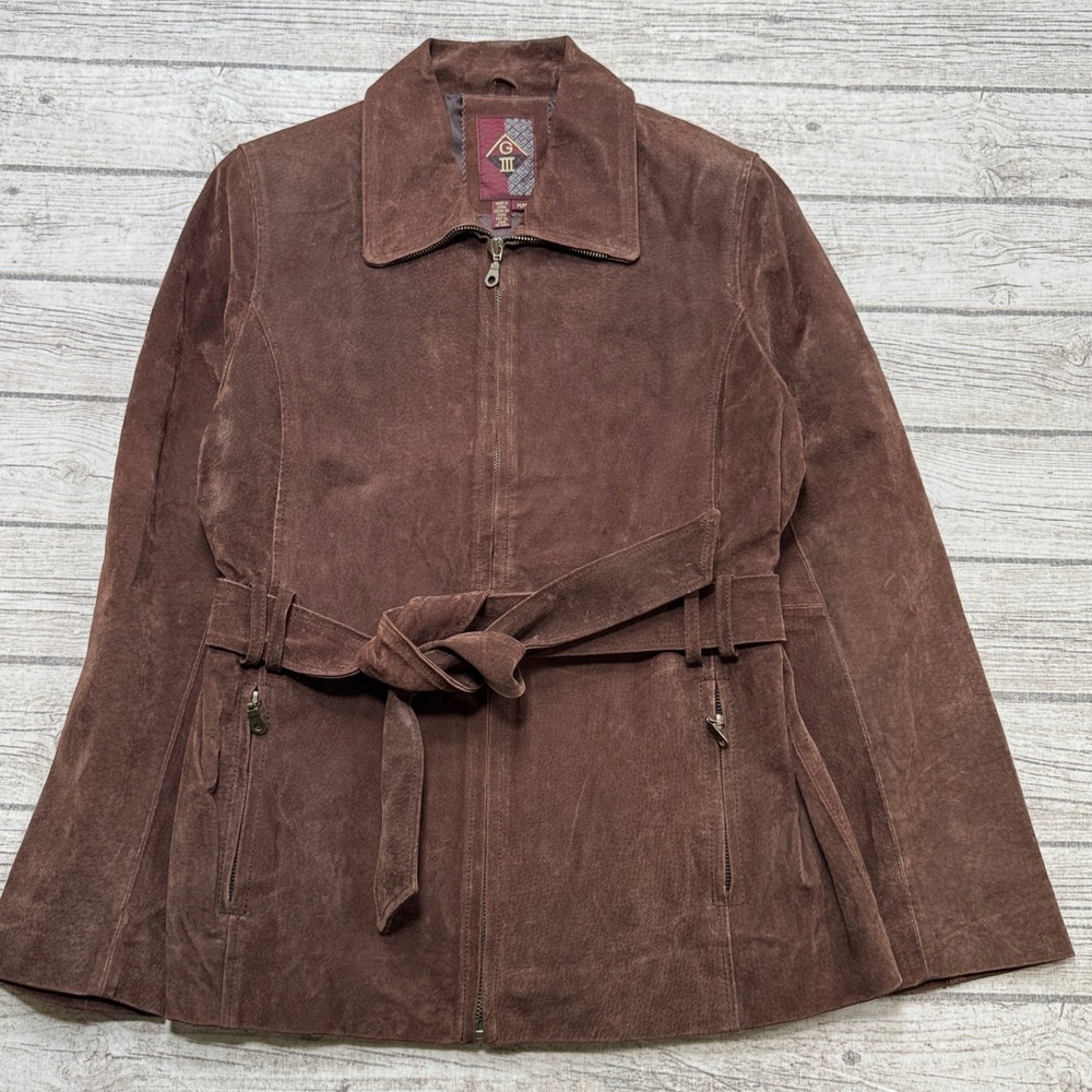 Suede Leather Belted Jacket Womens M Chocolate Brown Zip G-III Soft Coat Vintage